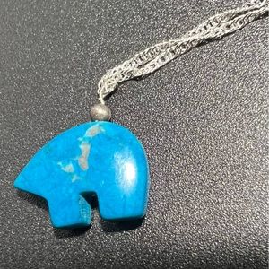 Vintage Dyed Howlite Zuni Bear Necklace Faux Turquoise Bear Pendant 925 Chain